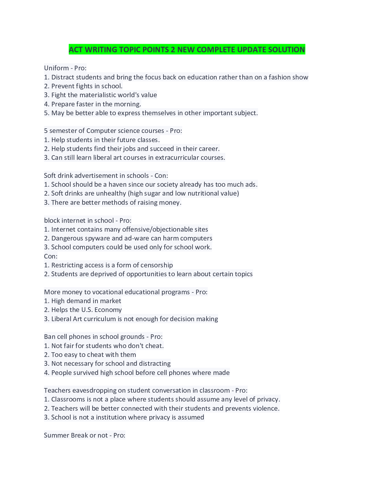 Preview image of ACT WRITING TOPIC POINTS 2 NEW COMPLETE UPDATE SOLUTION document
